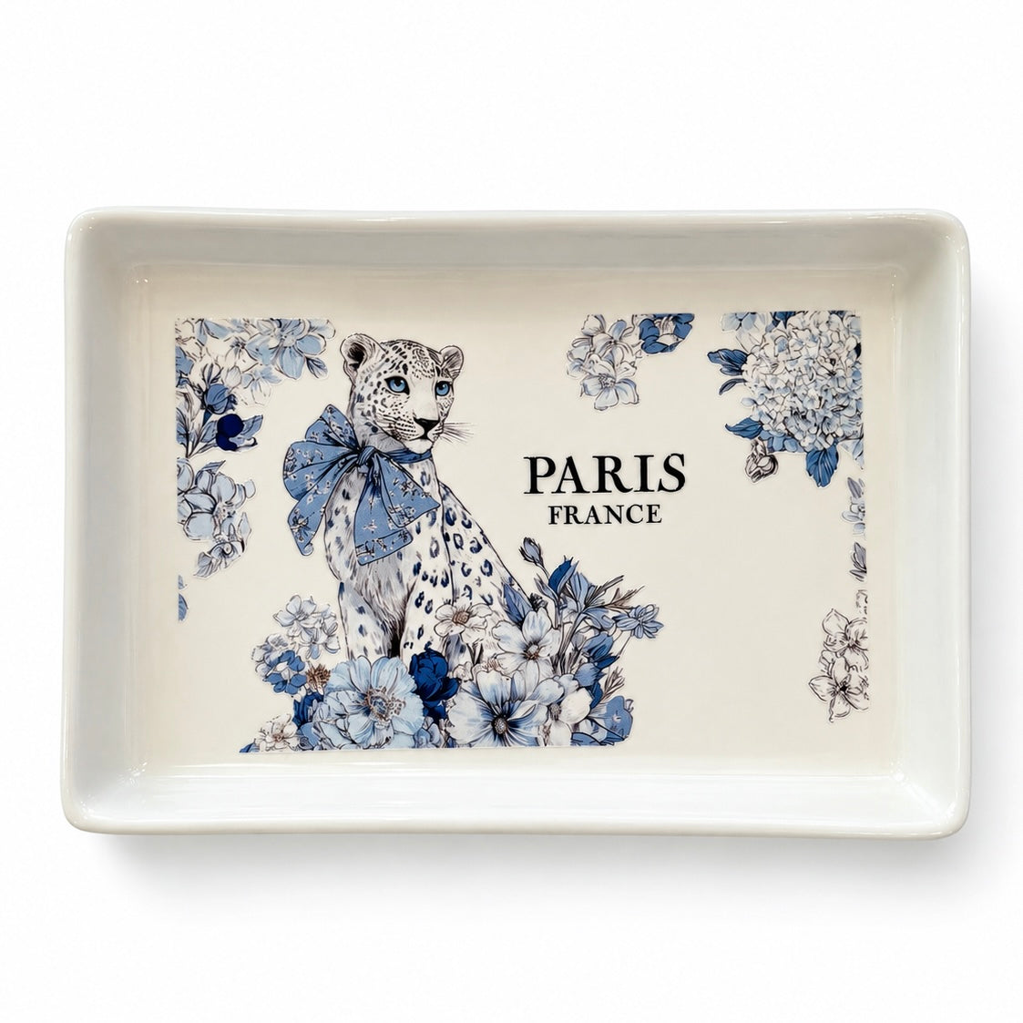Paris France Blue Jaguar Leopard Jags Floral Ceramic Jewelry Tray