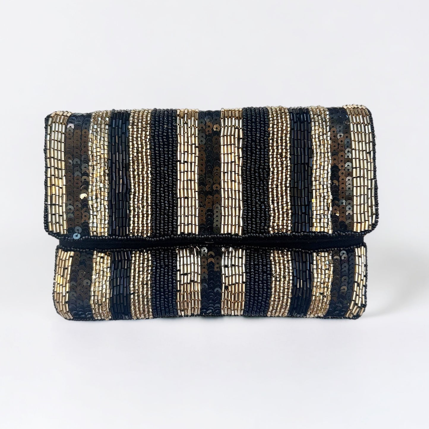 Black and Gold Striped Beaded Evening Handbag