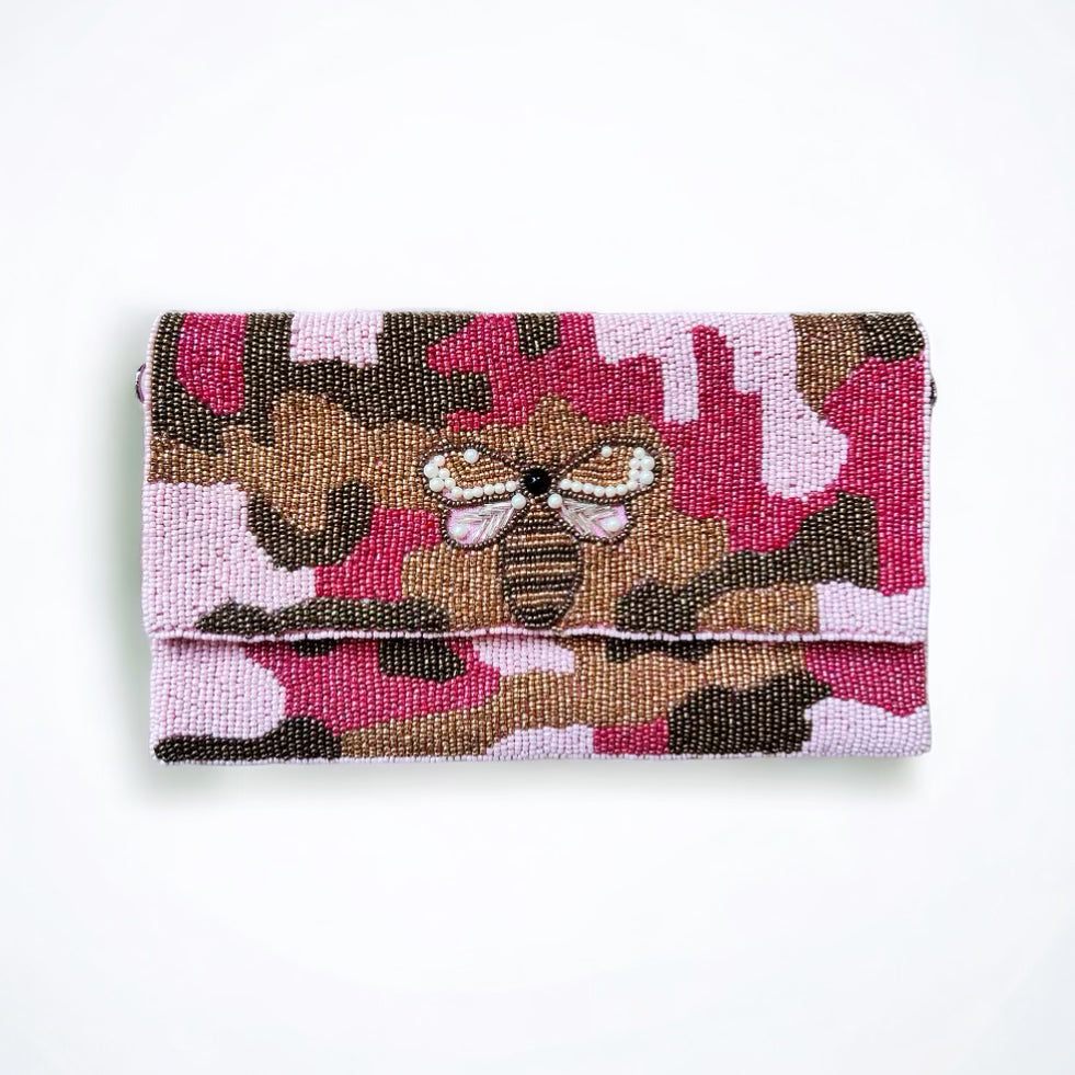 Beaded Pink Camo Bee Handbag
