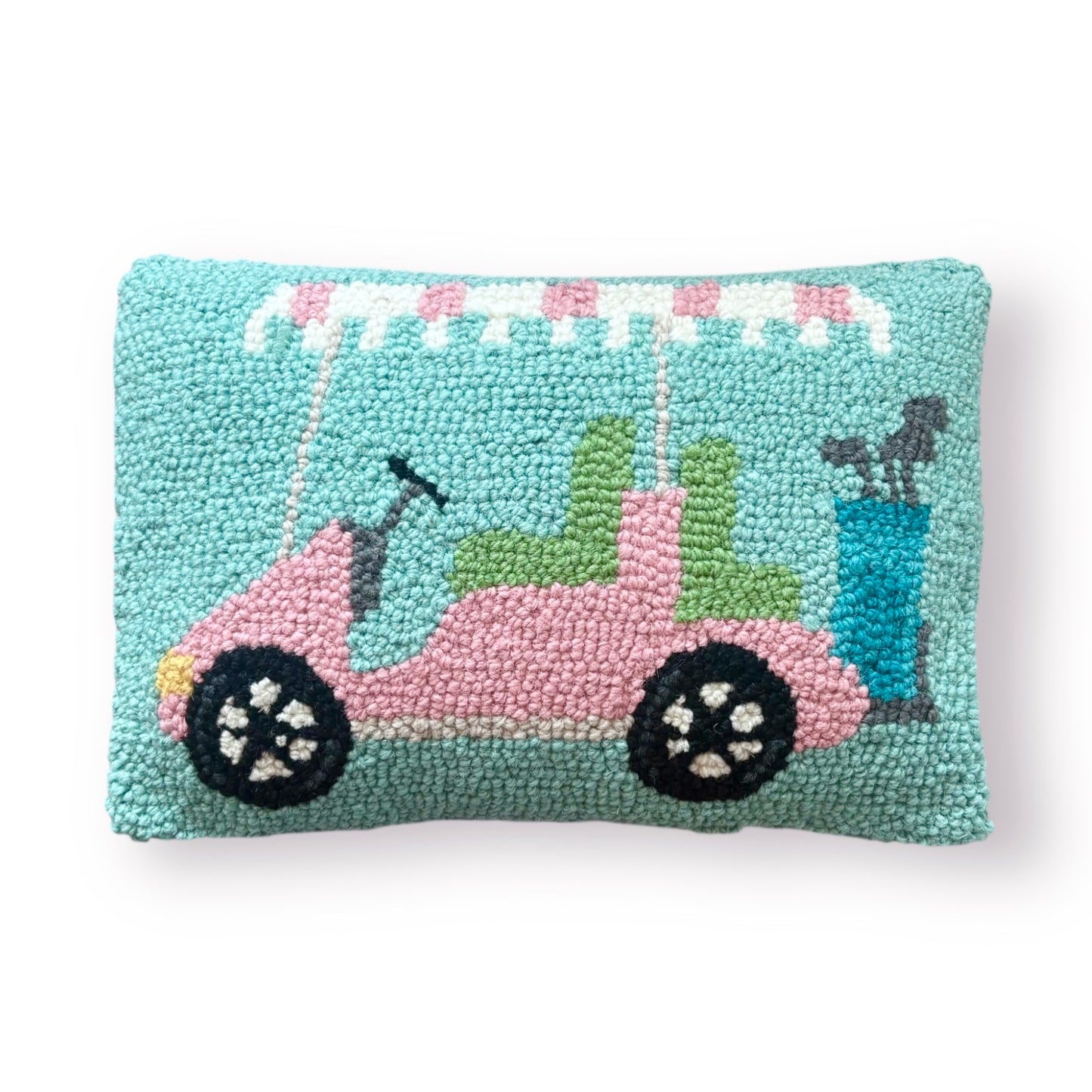 Pink Golf Cart Hooked Pillow