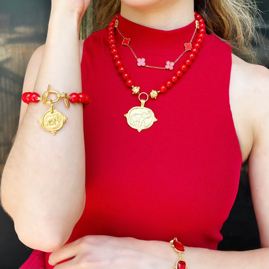 Susan Shaw Elephant Intaglio Red Coral Necklace