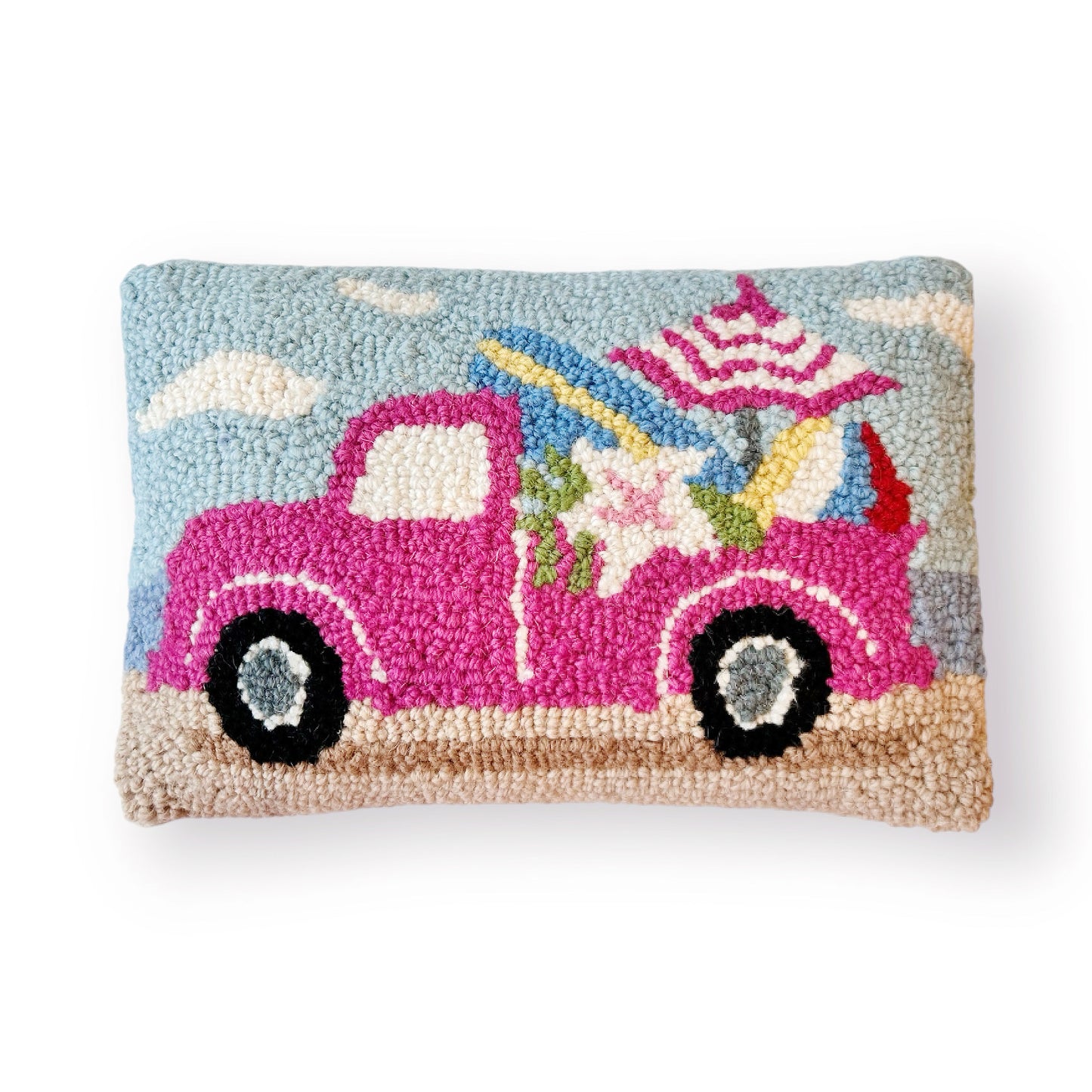 Pink Summer Truck Hooked Pillow