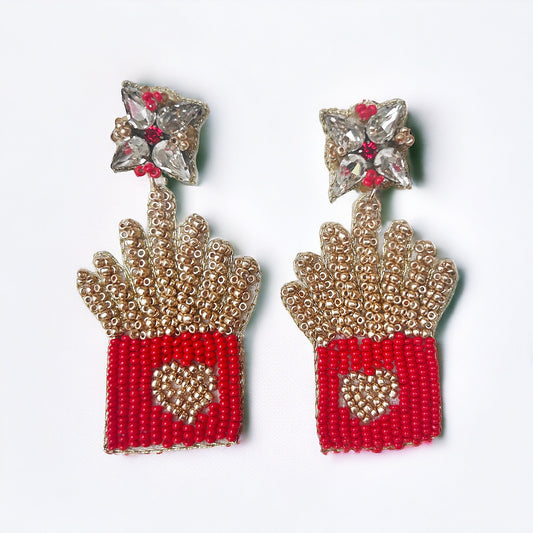 French Fries Sparkly Top Beaded Earrings