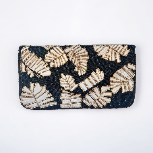 Beaded Black, Gold & White Palm Leaf Handbag