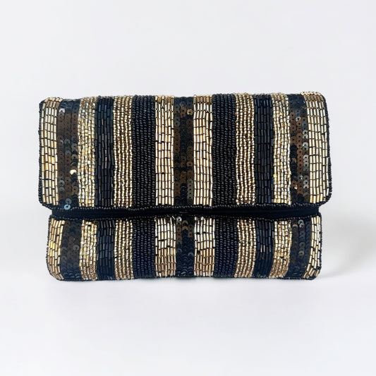 Black and Gold Striped Beaded Evening Handbag