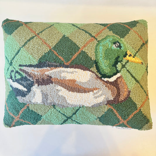 Plaid Mallard Hooked Pillow