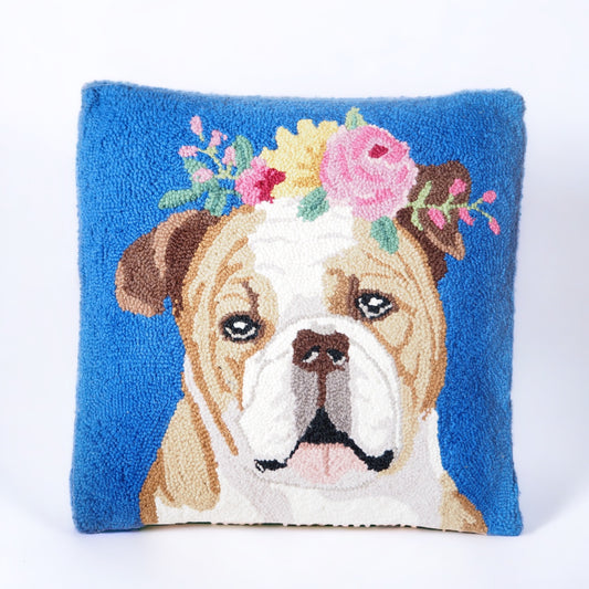 Floral Bulldog Hooked Throw Pillow