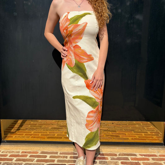 Sunset Lily Floral Strapless Midi Dress