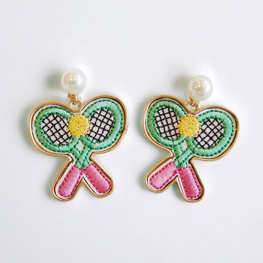 Embroidered Pearl & Gold Tennis Racket Earrings