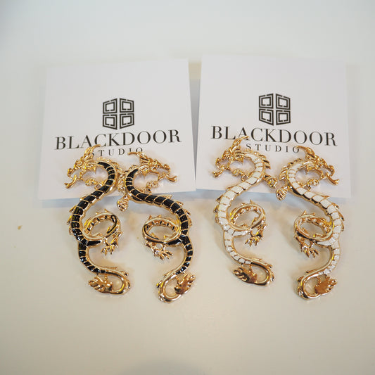 Black & White Gold Dragon Earrings